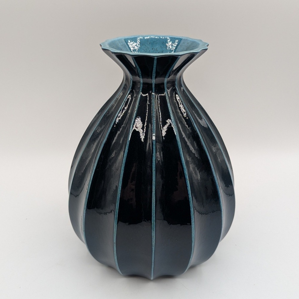 Global Views Blue Ribbed Ceramic Vase Handcrafted Made in Portugal 8.5" Decor